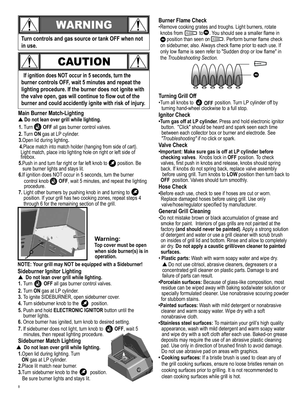 Char-Broil 463250512 manual Sideburner Ignitor Lighting, Sideburner Match Lighting, Burner Flame Check, Turning Grill Off 