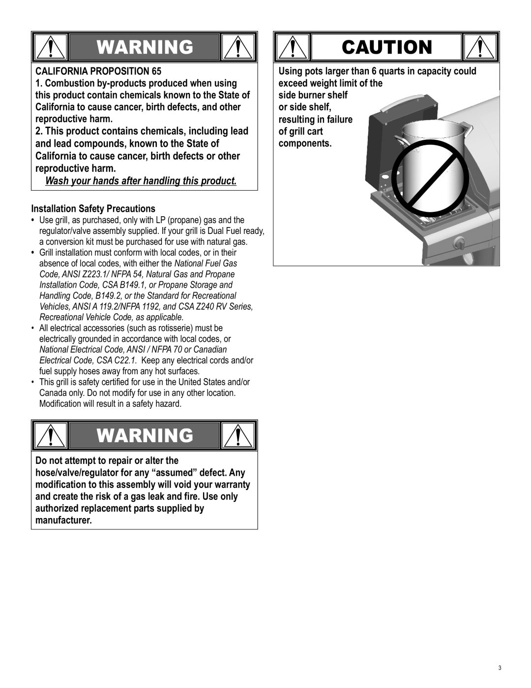 Char-Broil 463250811 manual California Proposition, Installation Safety Precautions 