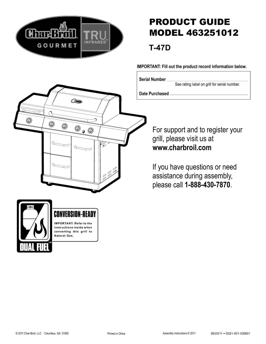 Char-Broil 463251012 manual Product Guide, Date Purchased 