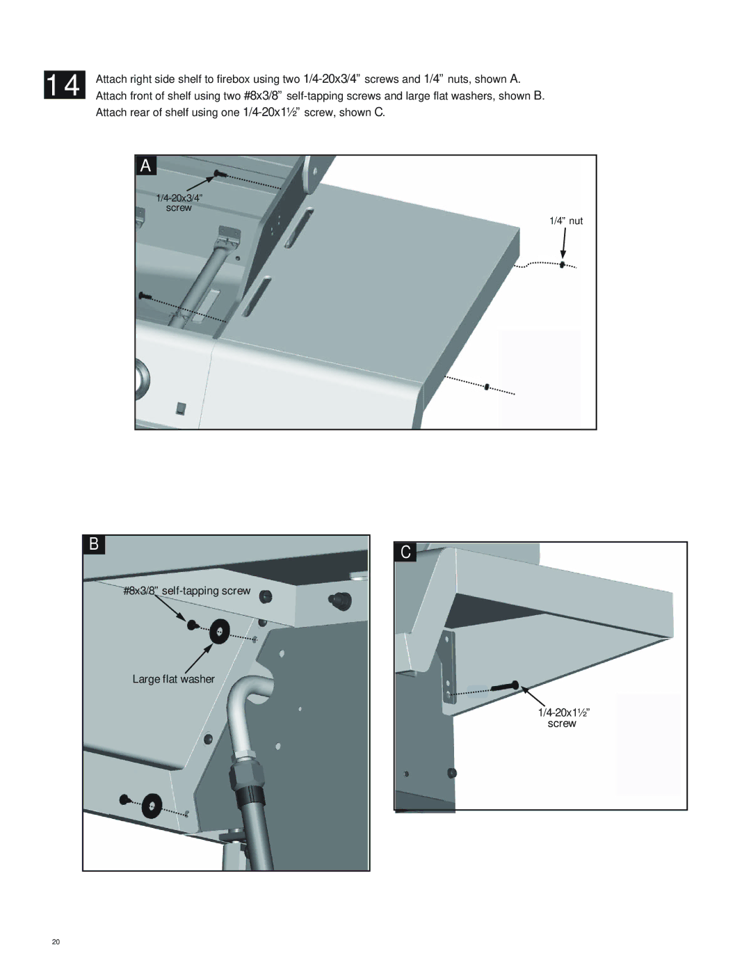 Char-Broil 463251012 manual #8x3/8 self-tapping screw Large flat washer 20x1½ screw 