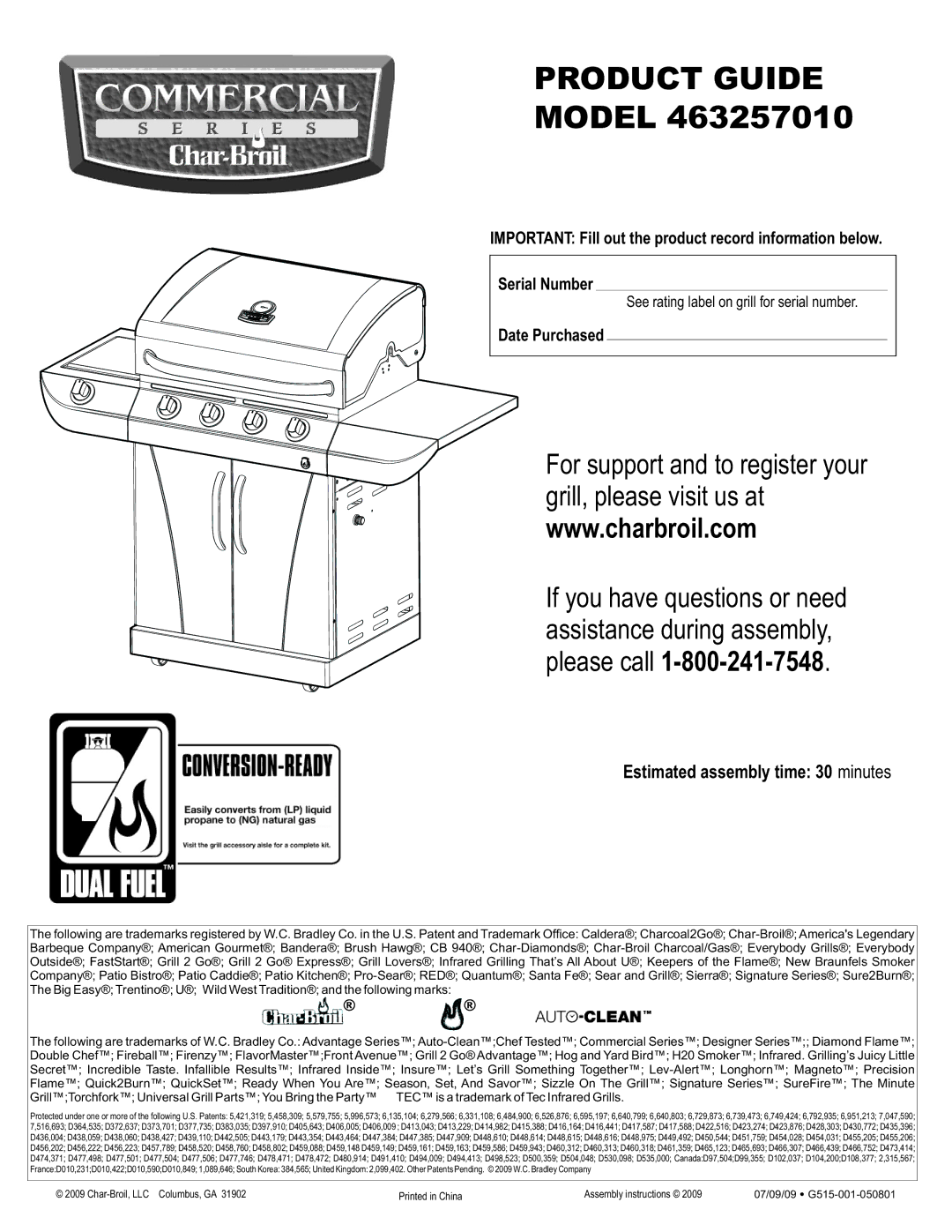 Char-Broil 463257010 manual Estimated assembly time 30 minutes, Date Purchased 