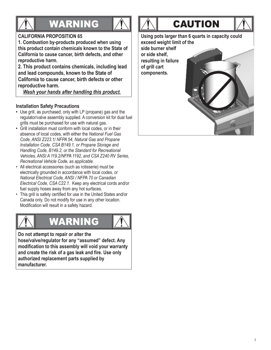 Char-Broil 463257010 manual California Proposition, Installation Safety Precautions 