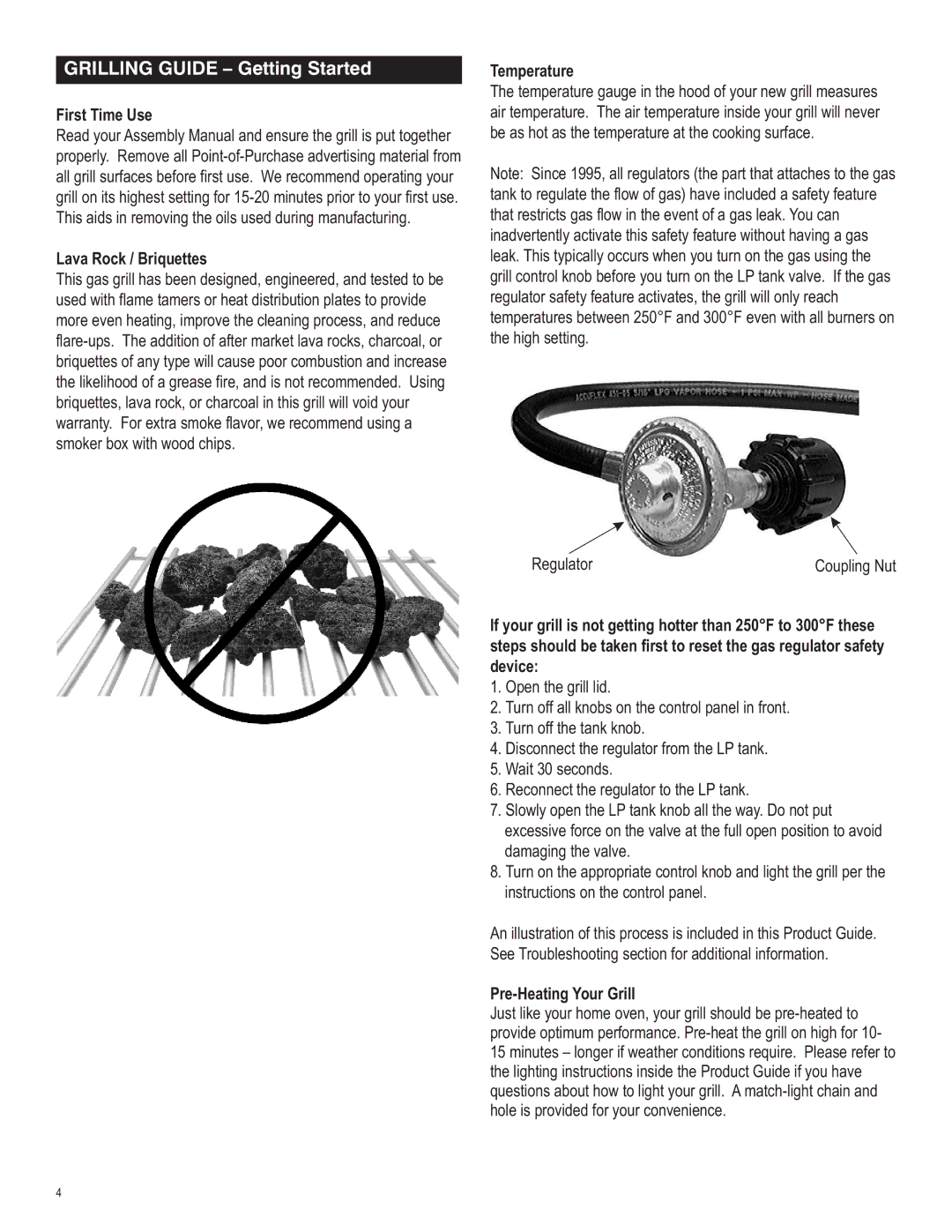 Char-Broil 463257010 manual Grilling Guide Getting Started, First Time Use, Lava Rock / Briquettes, Temperature 