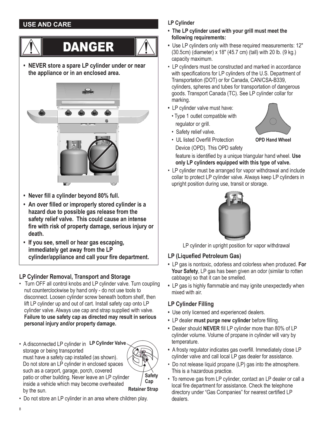 Char-Broil 463257010 manual USE and Care, LP Liquefied Petroleum Gas, LP Cylinder Filling, UL listed Overfill Protection 