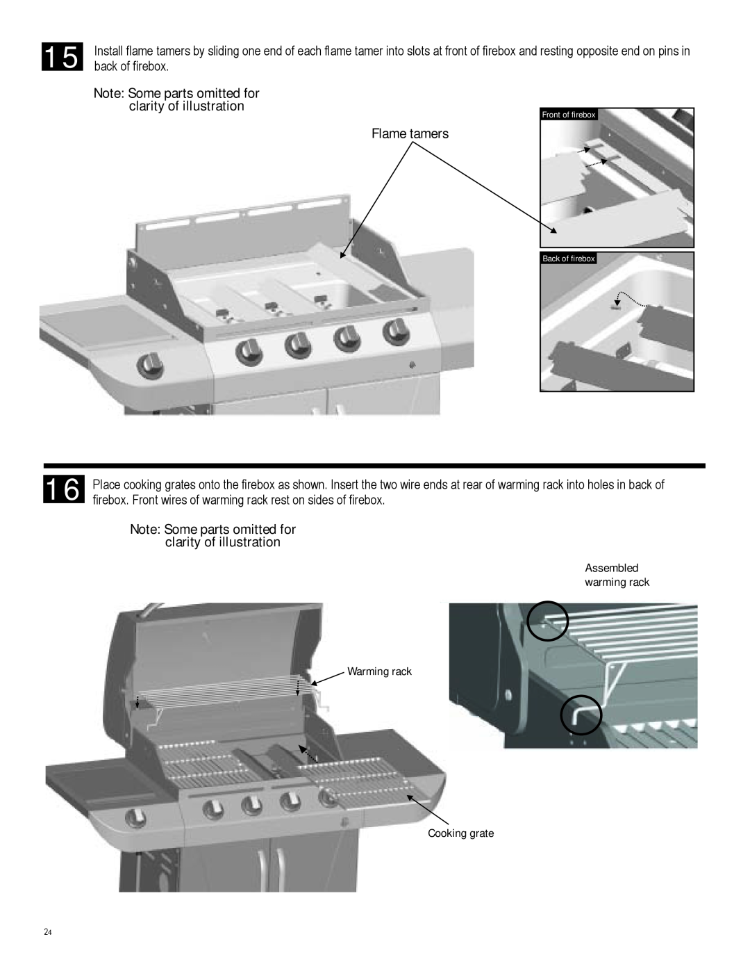 Char-Broil 463257010 manual Note Some parts omitted for, clarity of illustration, Flametamers, Warming rack Cooking grate 