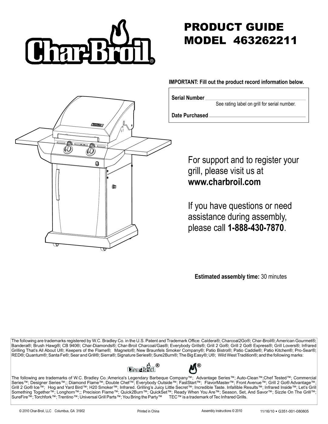 Char-Broil 463262211 manual Estimated assembly time 30 minutes, Date Purchased 