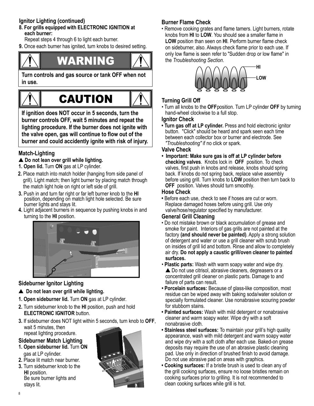 Char-Broil 463262211 manual Sideburner Ignitor Lighting, Sideburner Match Lighting, Burner Flame Check, Turning Grill Off 