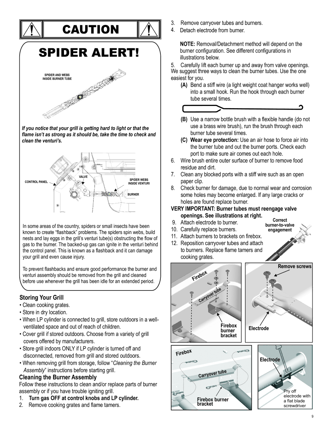 Char-Broil 463262211 Storing Your Grill, Cleaning the Burner Assembly, Very Important Burner tubes must reengage valve 