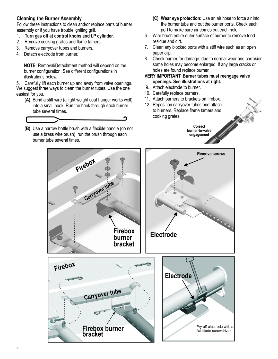 Char-Broil 463262811 manual Cleaning the Burner Assembly, Turn gas off at control knobs and LP cylinder 