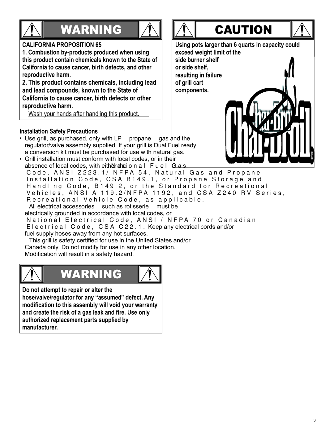 Char-Broil 463262911 manual California Proposition, Installation Safety Precautions 