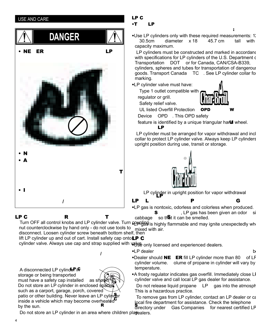 Char-Broil 463262911 manual USE and Care, LP Liquefied Petroleum Gas, LP Cylinder Filling 