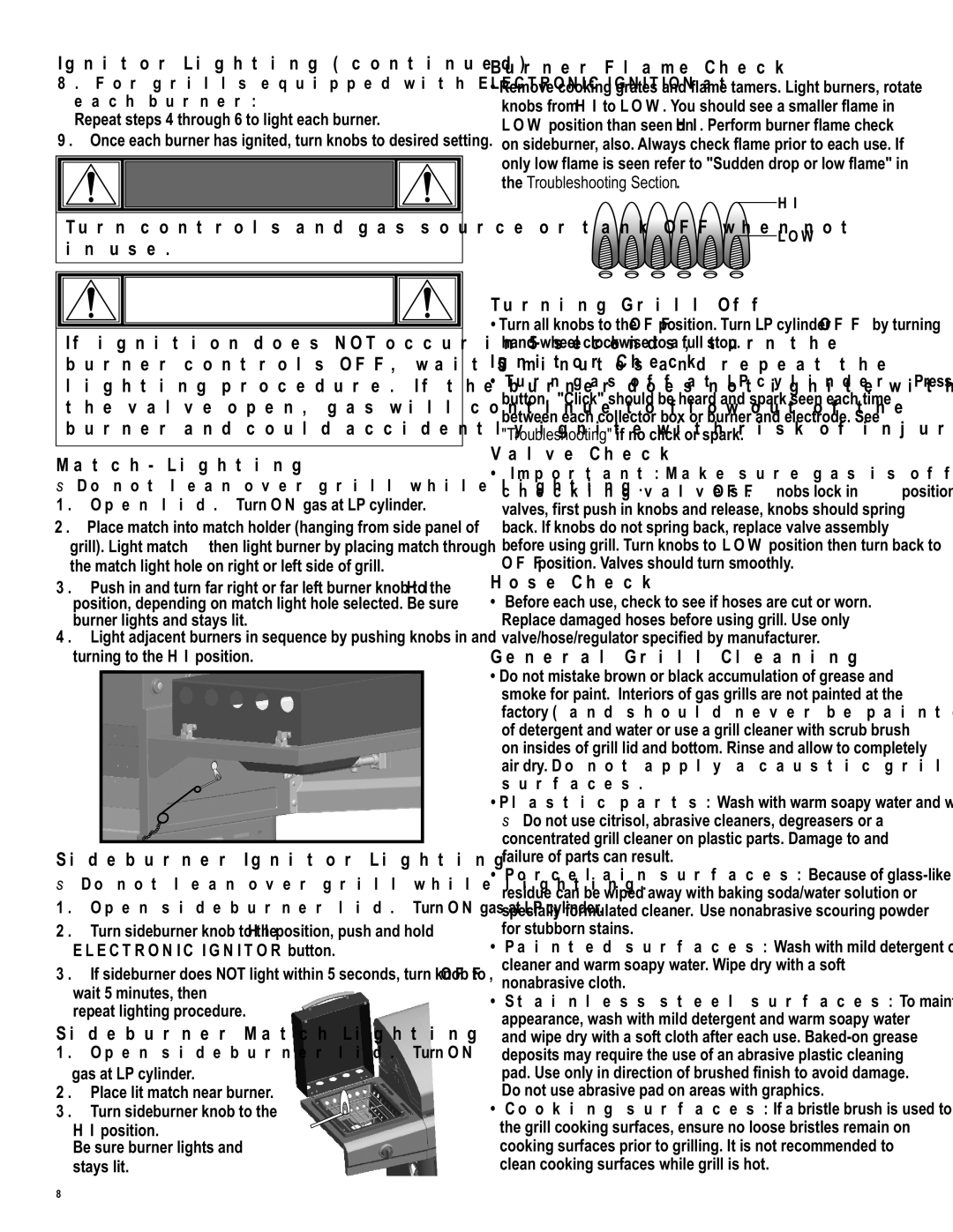 Char-Broil 463262911 manual Sideburner Ignitor Lighting, Sideburner Match Lighting, Burner Flame Check, Turning Grill Off 