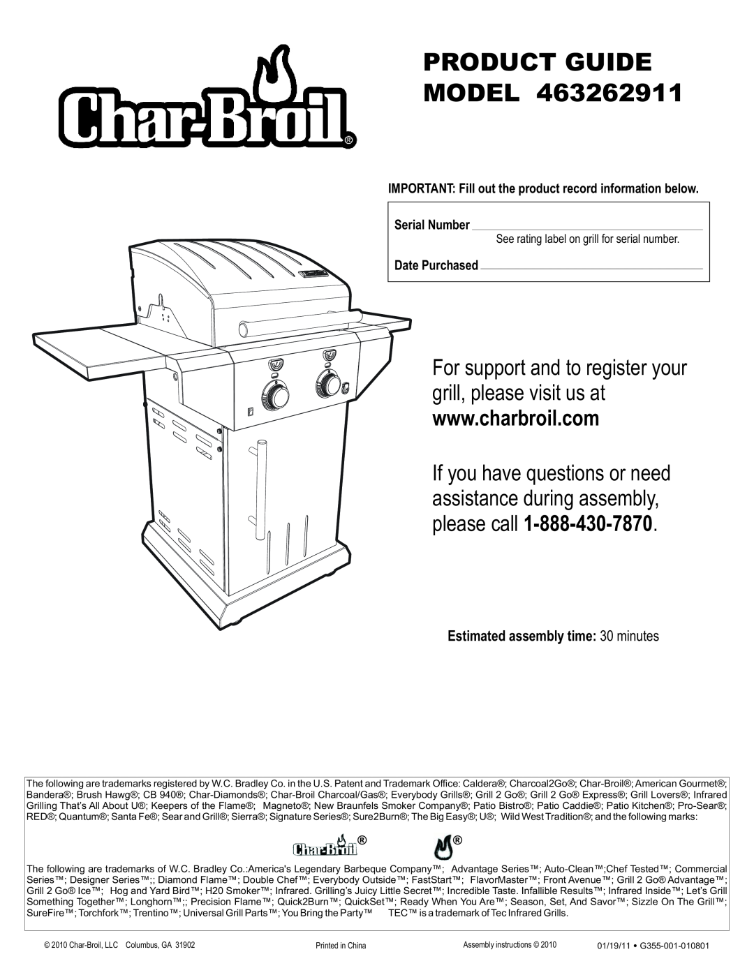 Char-Broil 463262911 manual please call, Estimated assembly time 30 minutes, Product Guide Model, Serial Number 