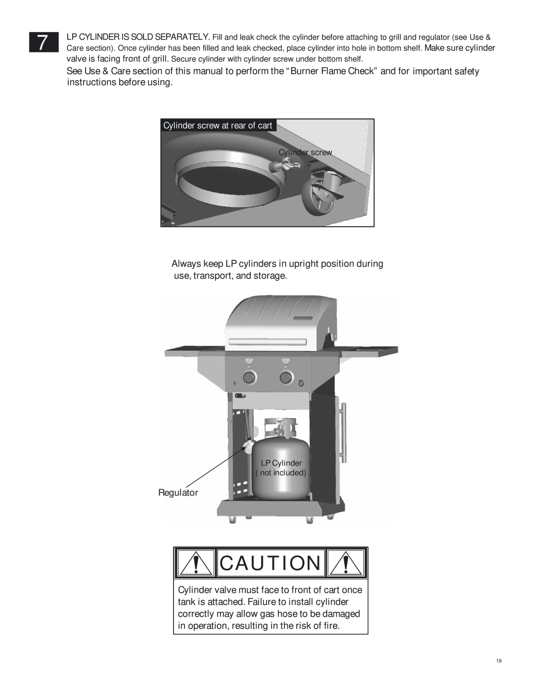 Char-Broil 463262911 manual Cylinder screw at rear of cart, Regulator 