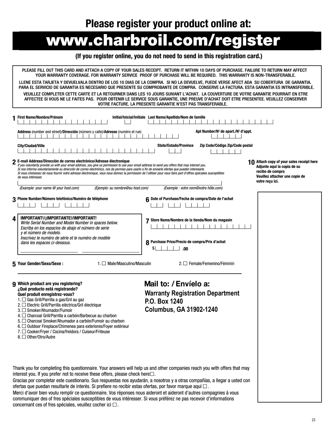Char-Broil 463262911 manual Warranty Registration Department, P.O. Box Columbus, GA 