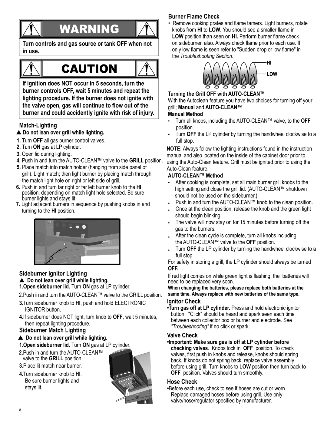 Char-Broil 463263110 Sideburner Ignitor Lighting, Sideburner Match Lighting, Burner Flame Check, Ignitor Check, Hose Check 