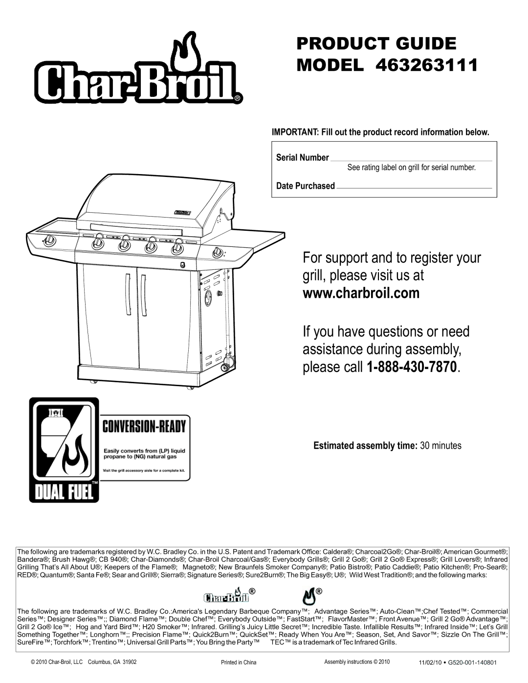 Char-Broil 463263111 manual Estimated assembly time 30 minutes, Date Purchased 