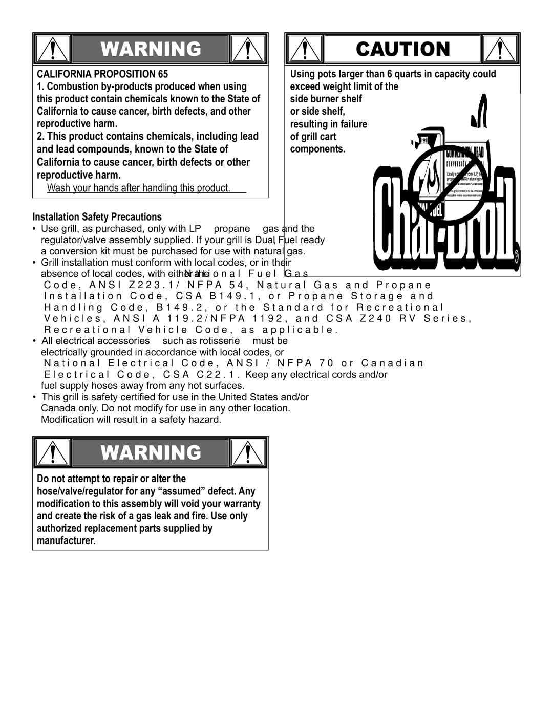 Char-Broil 463263111 manual California Proposition, Installation Safety Precautions 