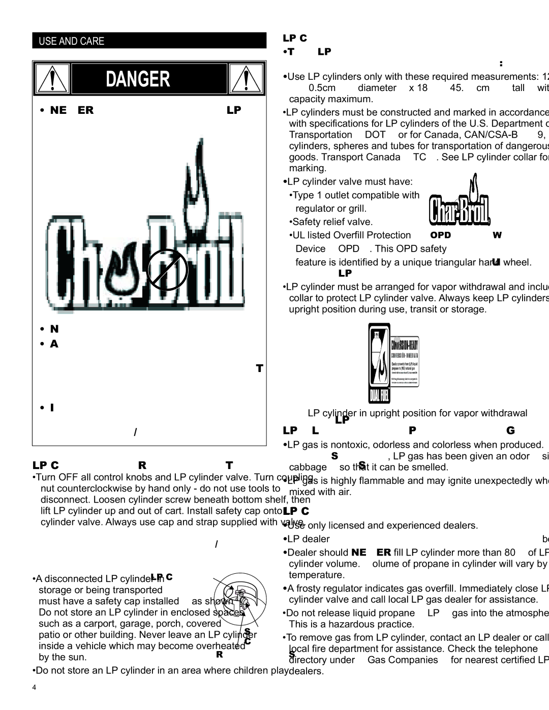 Char-Broil 463263111 manual USE and Care, LP Liquefied Petroleum Gas, LP Cylinder Filling 