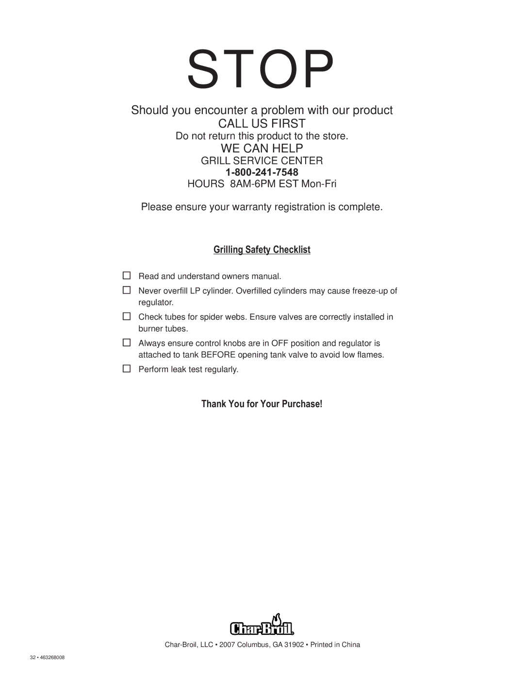 Char-Broil 463268008 manual Grilling Safety Checklist, Thank You for Your Purchase 