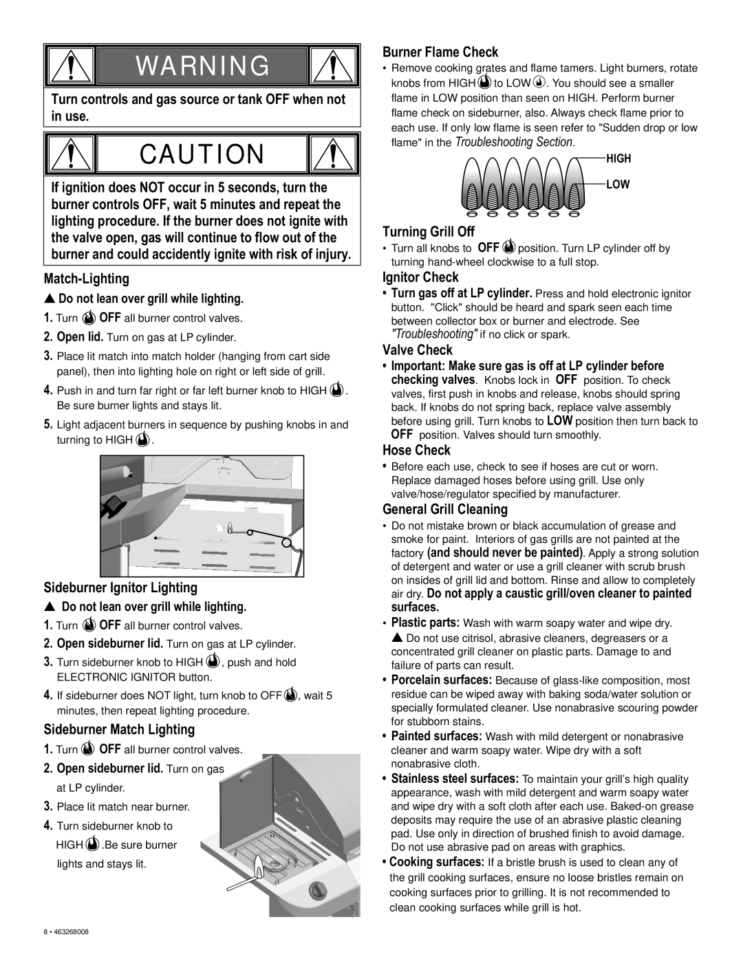 Char-Broil 463268008 manual Sideburner Ignitor Lighting, Sideburner Match Lighting, Burner Flame Check, Turning Grill Off 