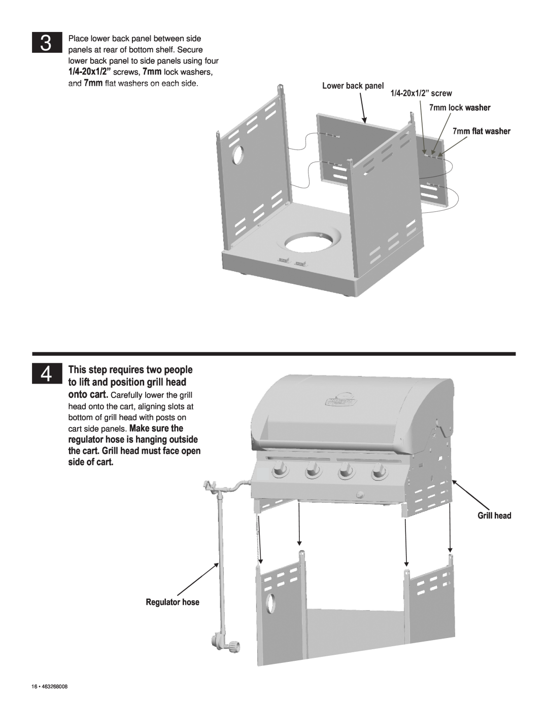 Char-Broil 463268008 manual This step requires two people to lift and position grill head, Grill head Regulator hose 