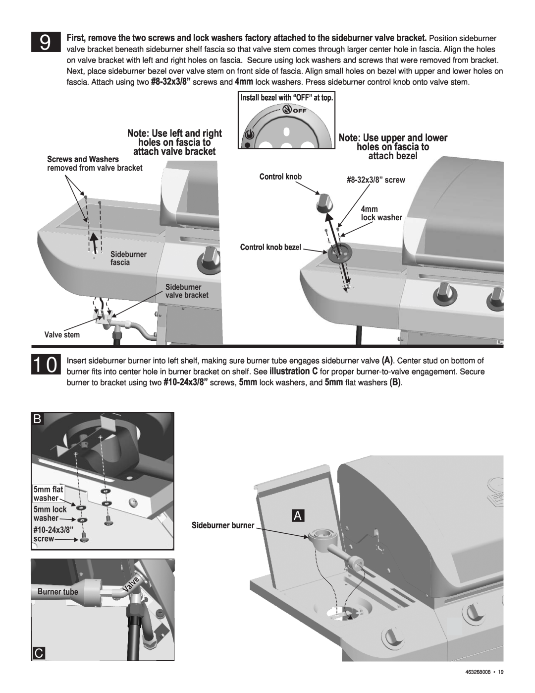 Char-Broil 463268008 manual holes on fascia to, Note Use upper and lower, attach valve bracket, attach bezel, Control knob 