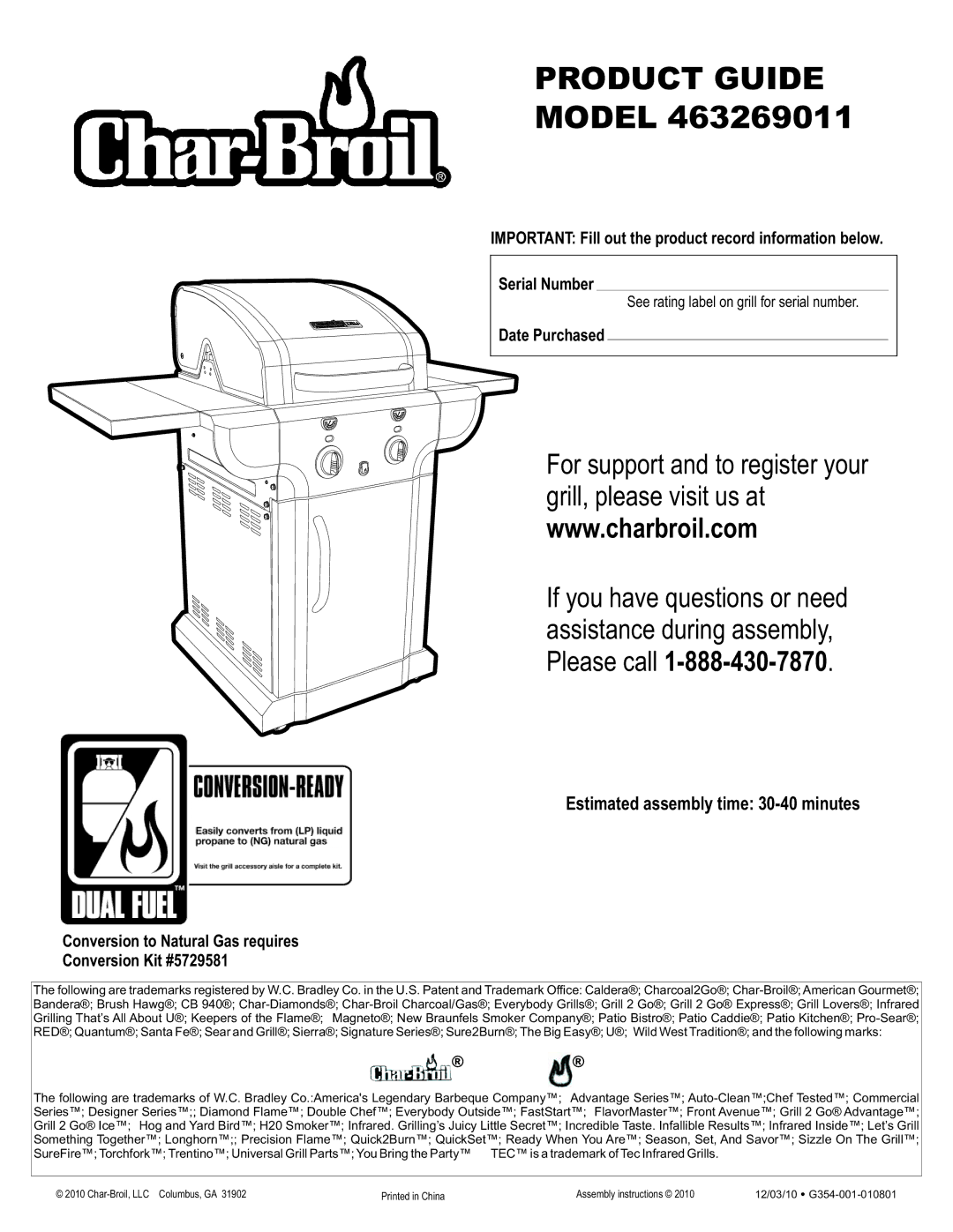 Char-Broil 463269011 manual Estimated assembly time 30-40 minutes, Date Purchased 