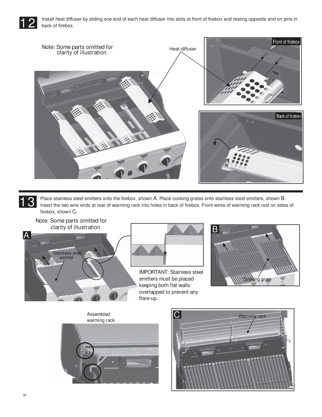 Char-Broil 463269411 manual Important Stainless steel Emitters must be placed 