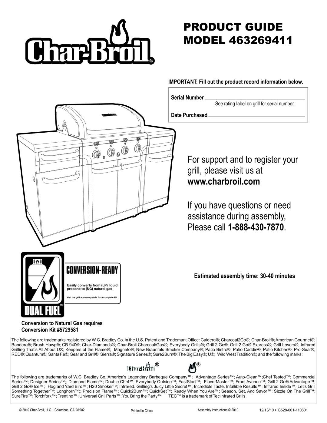 Char-Broil 463269411 manual Please call, Estimated assembly time 30-40 minutes, Serial Number, Date Purchased 