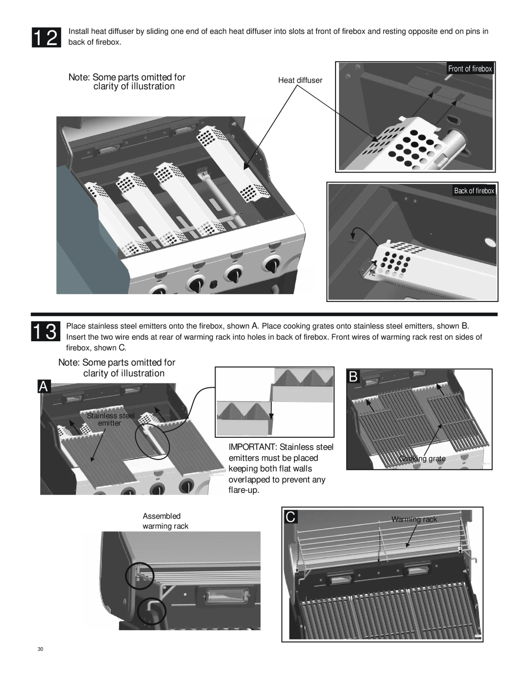 Char-Broil 463269411 manual emitters must be placed, keeping both flat walls, flare-up 