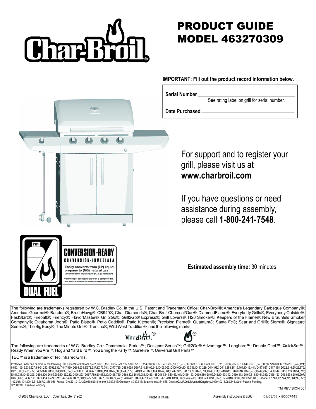 Char-Broil 463270309 manual Estimated assembly time 30 minutes, Date Purchased 