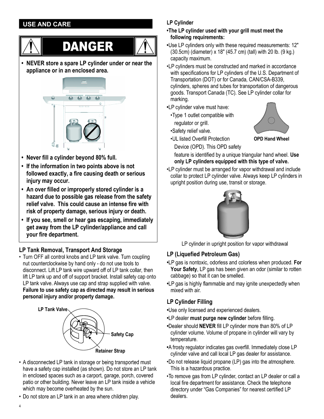 Char-Broil 463270309 manual USE and Care, LP Liquefied Petroleum Gas, LP Cylinder Filling 