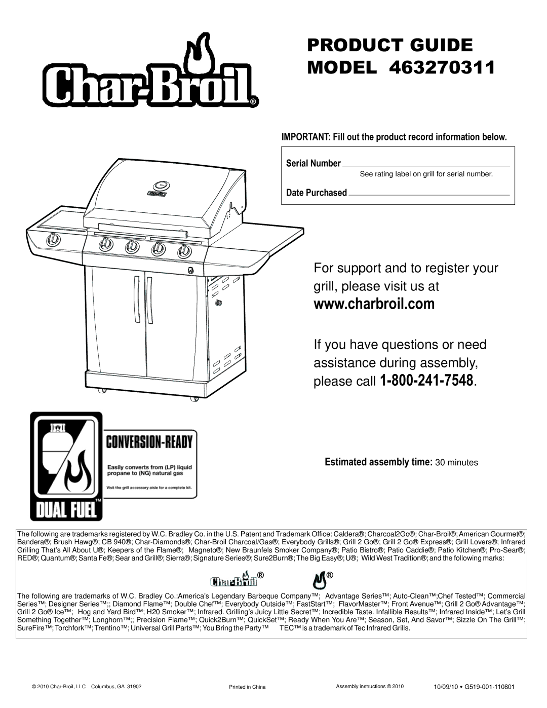 Char-Broil 463270311 manual Estimated assembly time 30 minutes, Date Purchased 