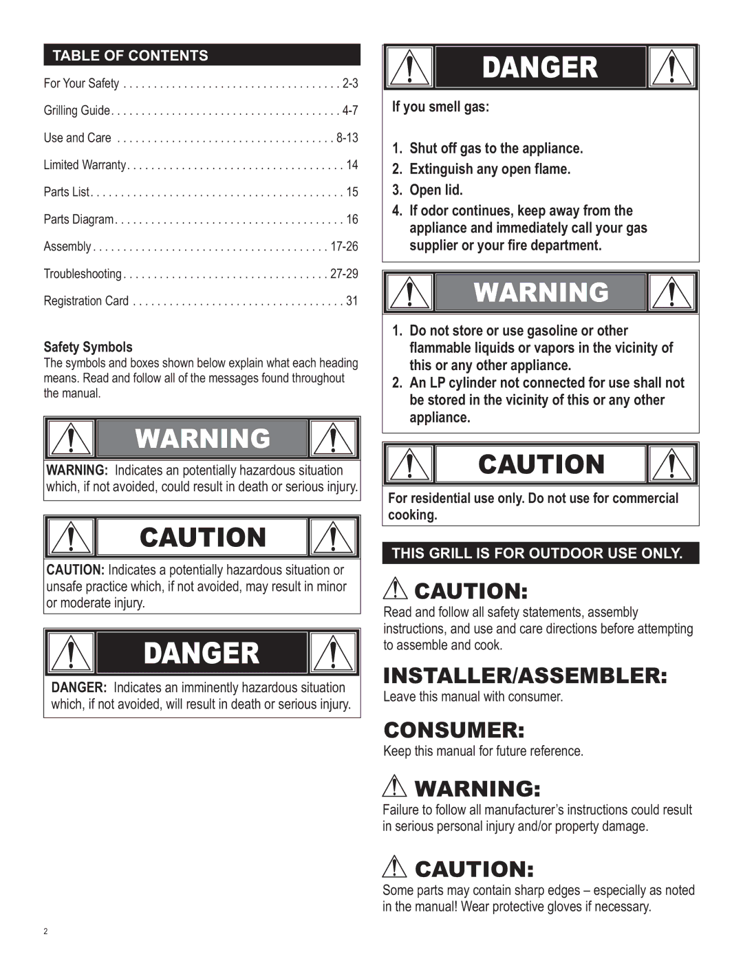 Char-Broil 463270311 manual Table of Contents, This Grill is for Outdoor USE only 