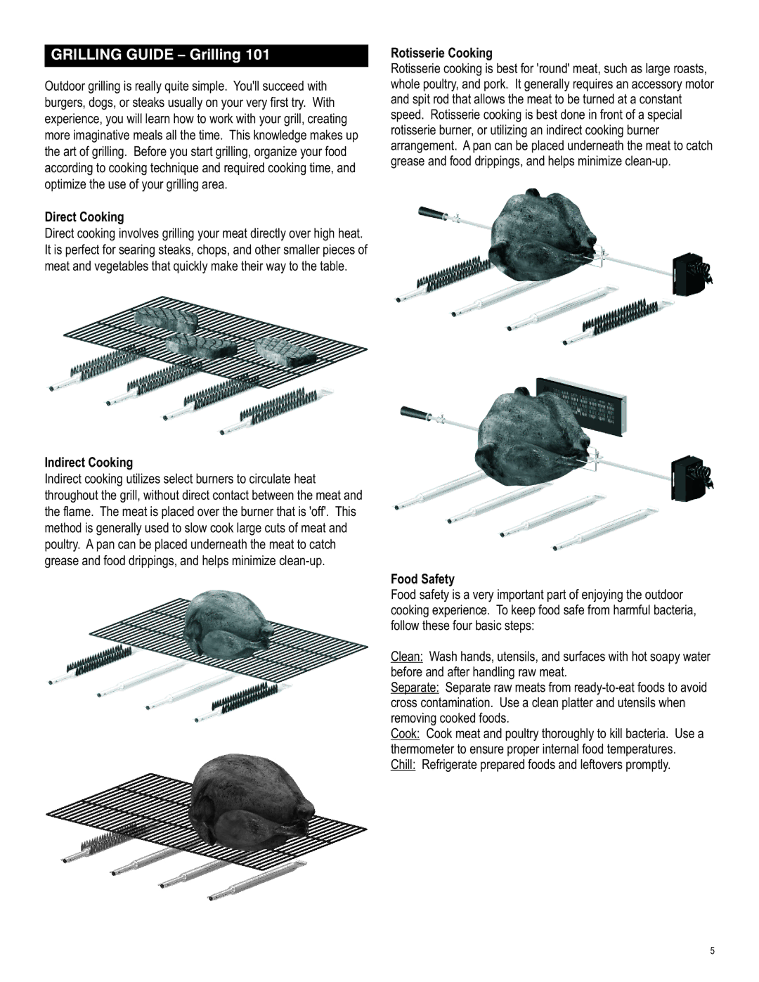 Char-Broil 463270311 manual Grilling Guide Grilling, Direct Cooking, Indirect Cooking, Rotisserie Cooking, Food Safety 