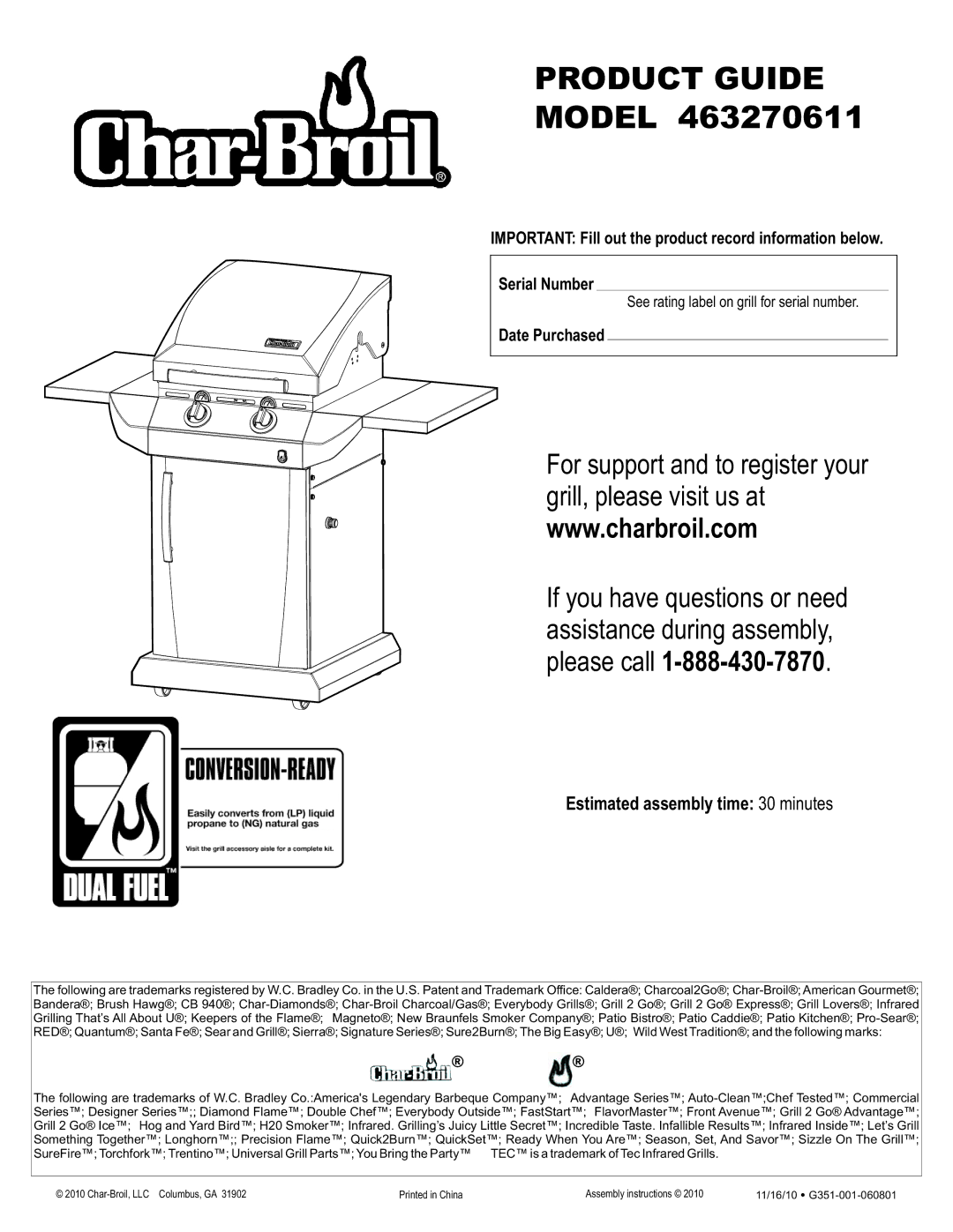 Char-Broil 463270611 manual Estimated assembly time 30 minutes, Date Purchased 