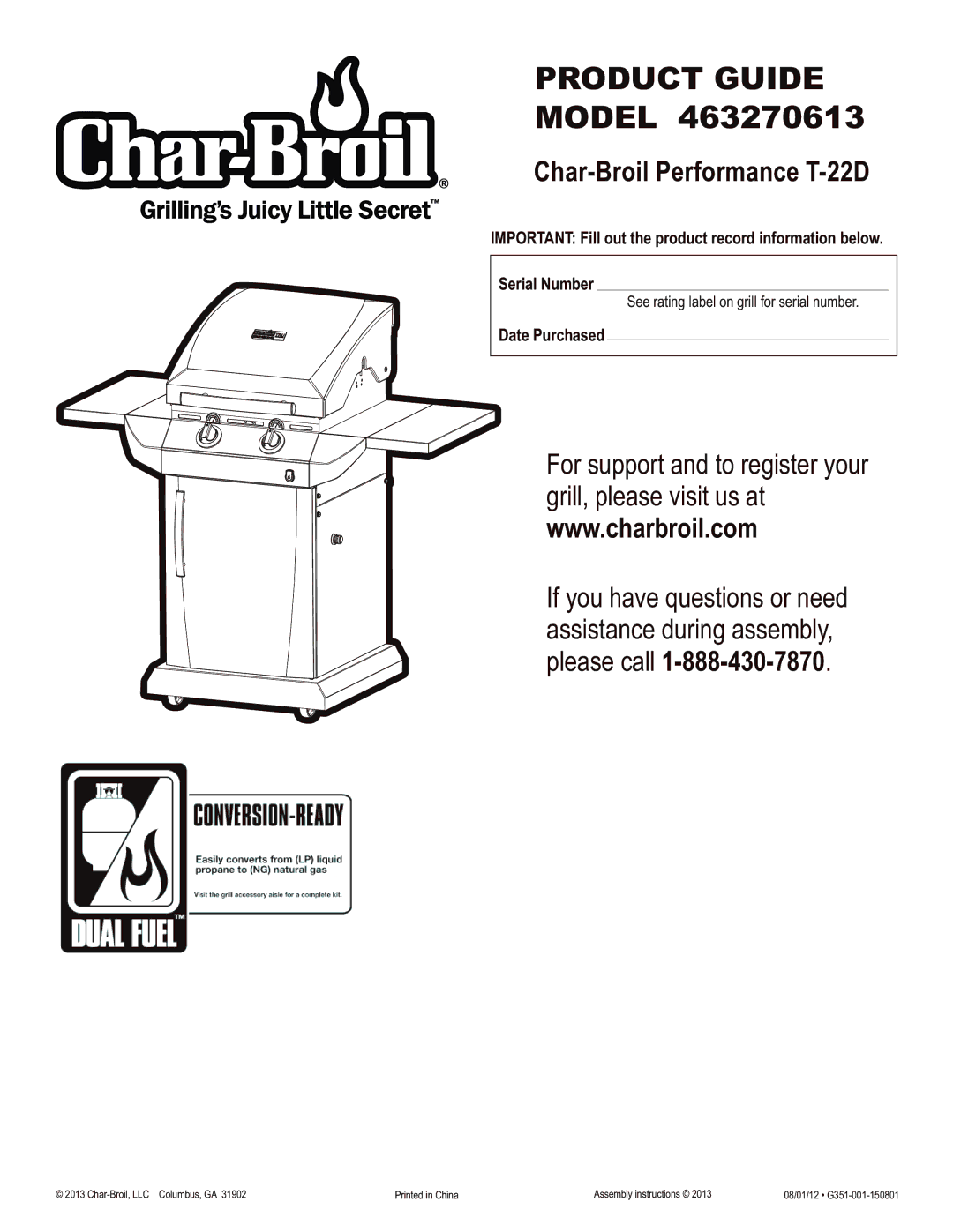 Char-Broil 463270613 manual Product Guide, Date Purchased 