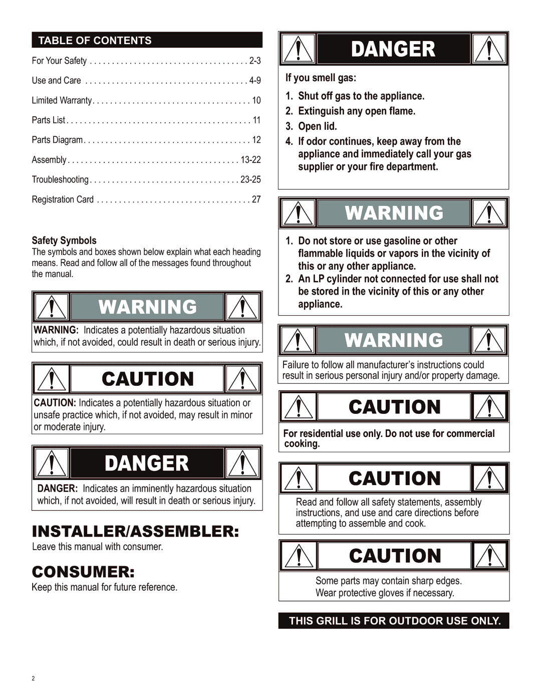Char-Broil 463270613 manual Table of Contents, This Grill is for Outdoor USE only 
