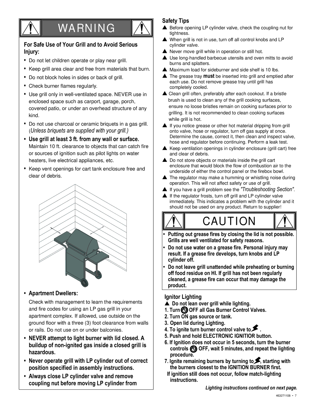 Char-Broil 463271108 manual For Safe Use of Your Grill and to Avoid Serious Injury, Apartment Dwellers, Ignitor Lighting 