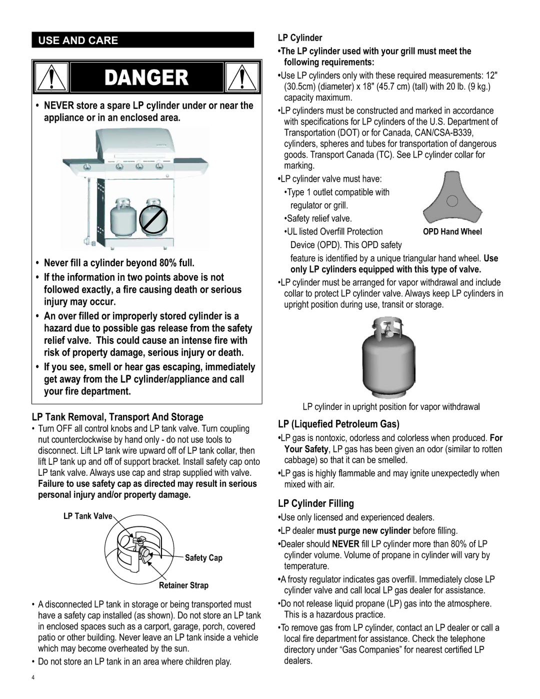 Char-Broil 463271309 manual USE and Care, LP Liquefied Petroleum Gas, LP Cylinder Filling 