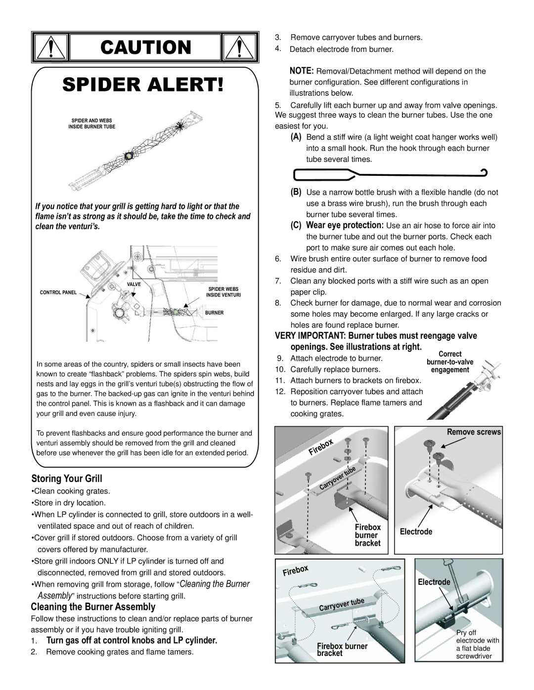 Char-Broil 463271309 Storing Your Grill, Cleaning the Burner Assembly, Very Important Burner tubes must reengage valve 