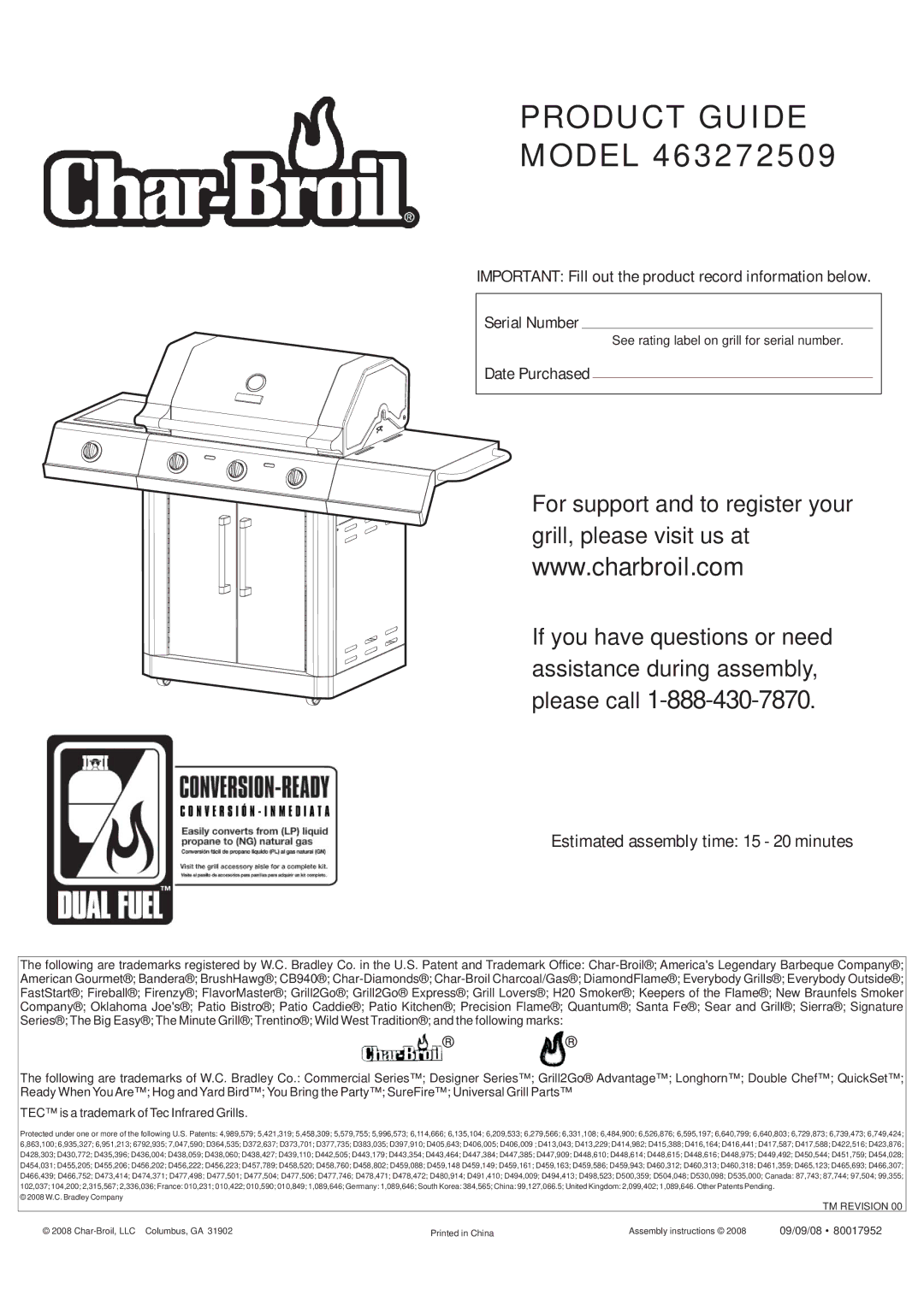 Char-Broil 463272509 manual Estimated assembly time 15 20 minutes, Date Purchased 