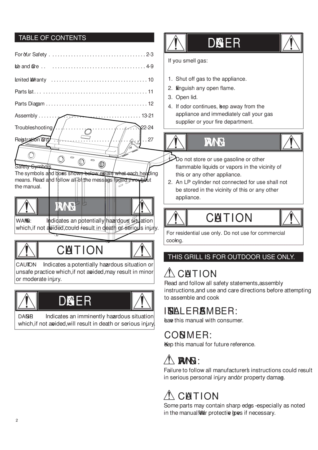 Char-Broil 463272509 manual Table of Contents, This Grill is for Outdoor USE only 