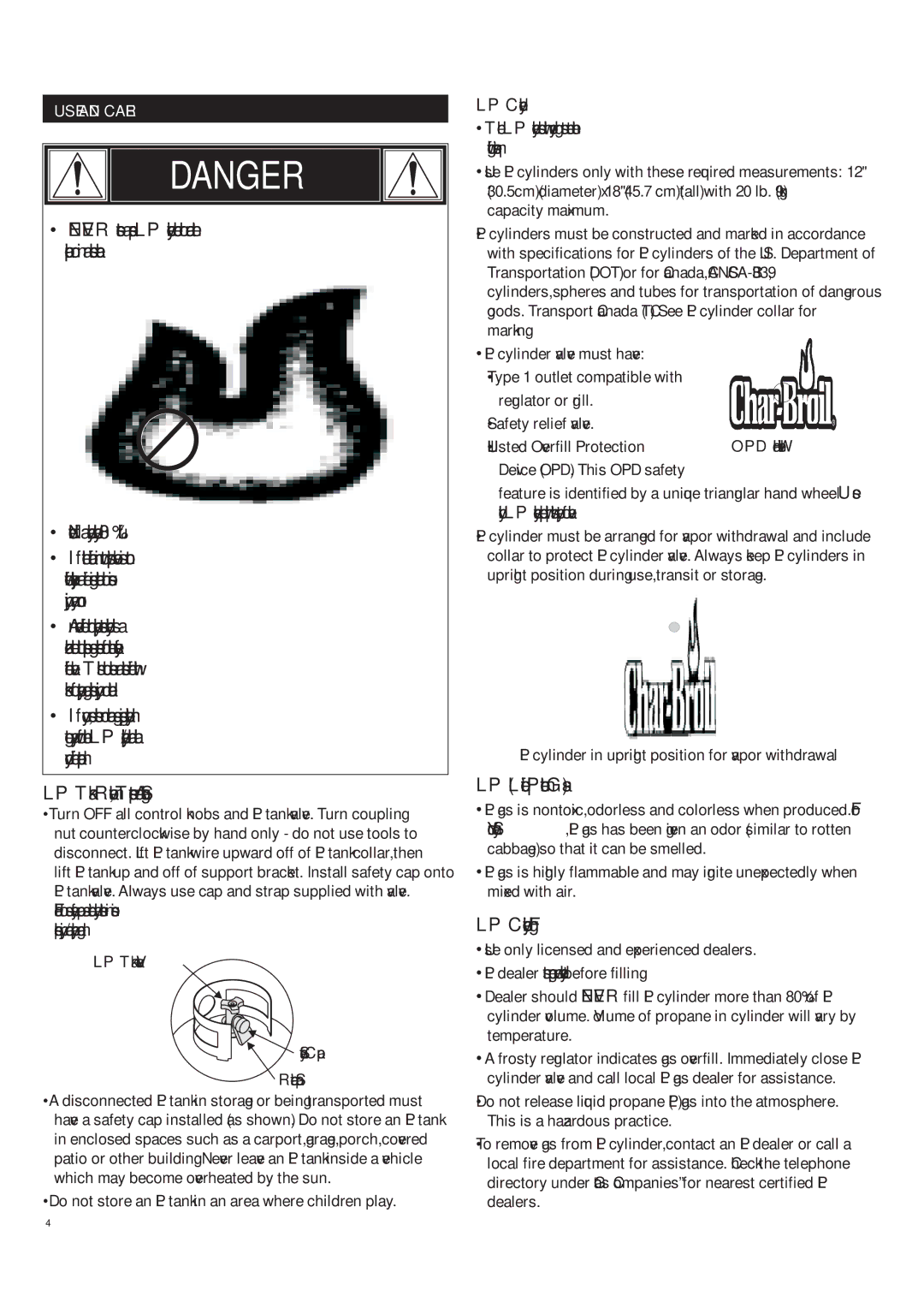 Char-Broil 463272509 manual USE and Care, LP Liquefied Petroleum Gas, LP Cylinder Filling 