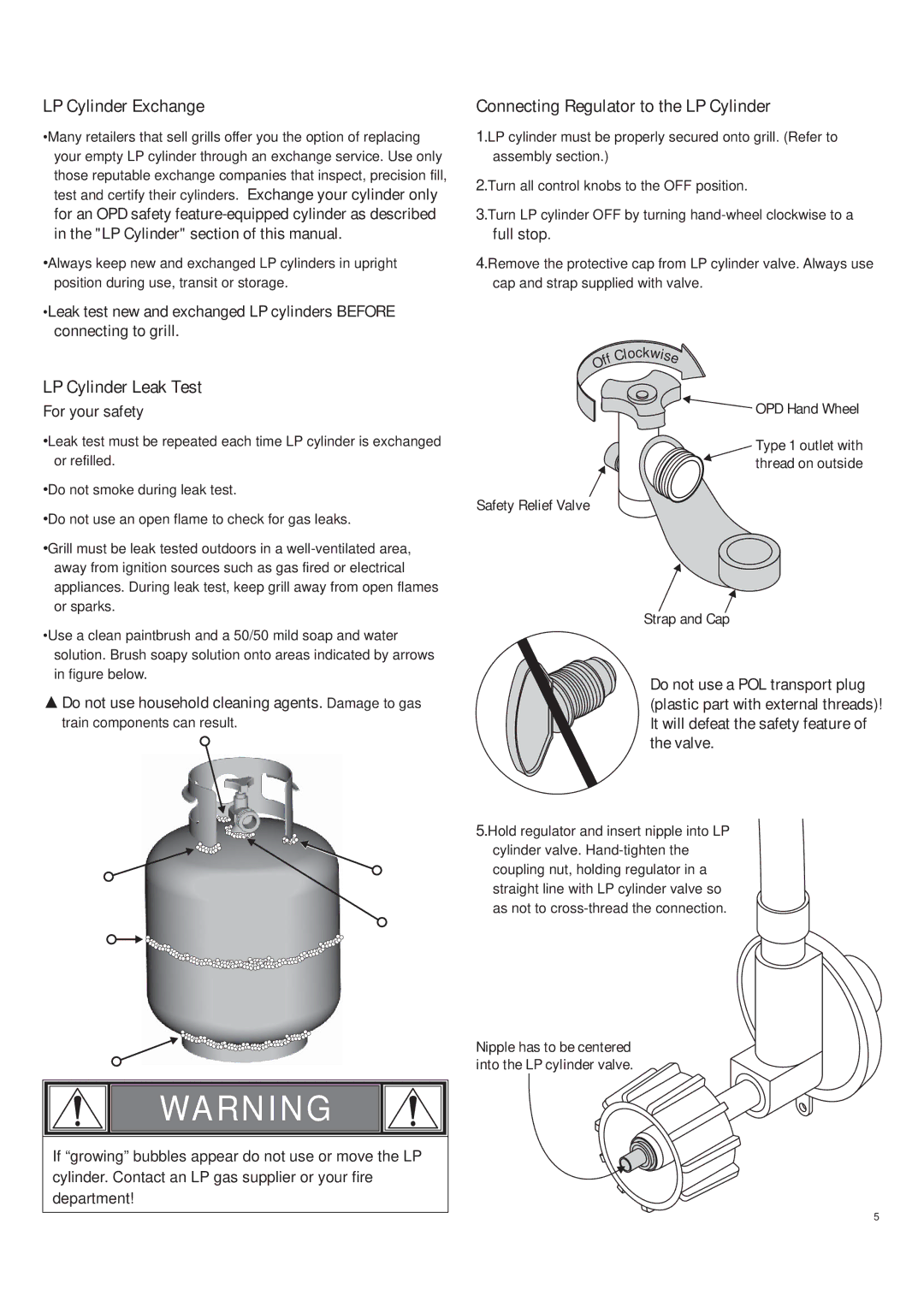 Char-Broil 463272509 LP Cylinder Exchange, LP Cylinder Leak Test, Connecting Regulator to the LP Cylinder, For your safety 