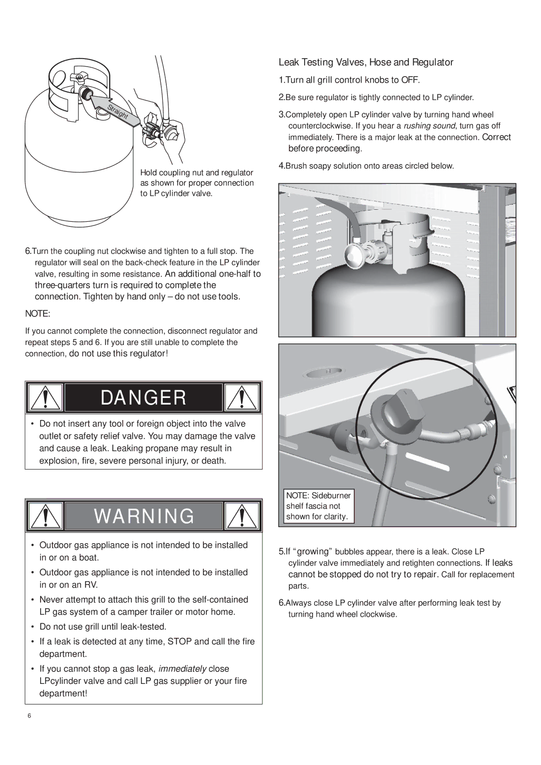 Char-Broil 463272509 manual Leak Testing Valves, Hose and Regulator, Turn all grill control knobs to OFF 