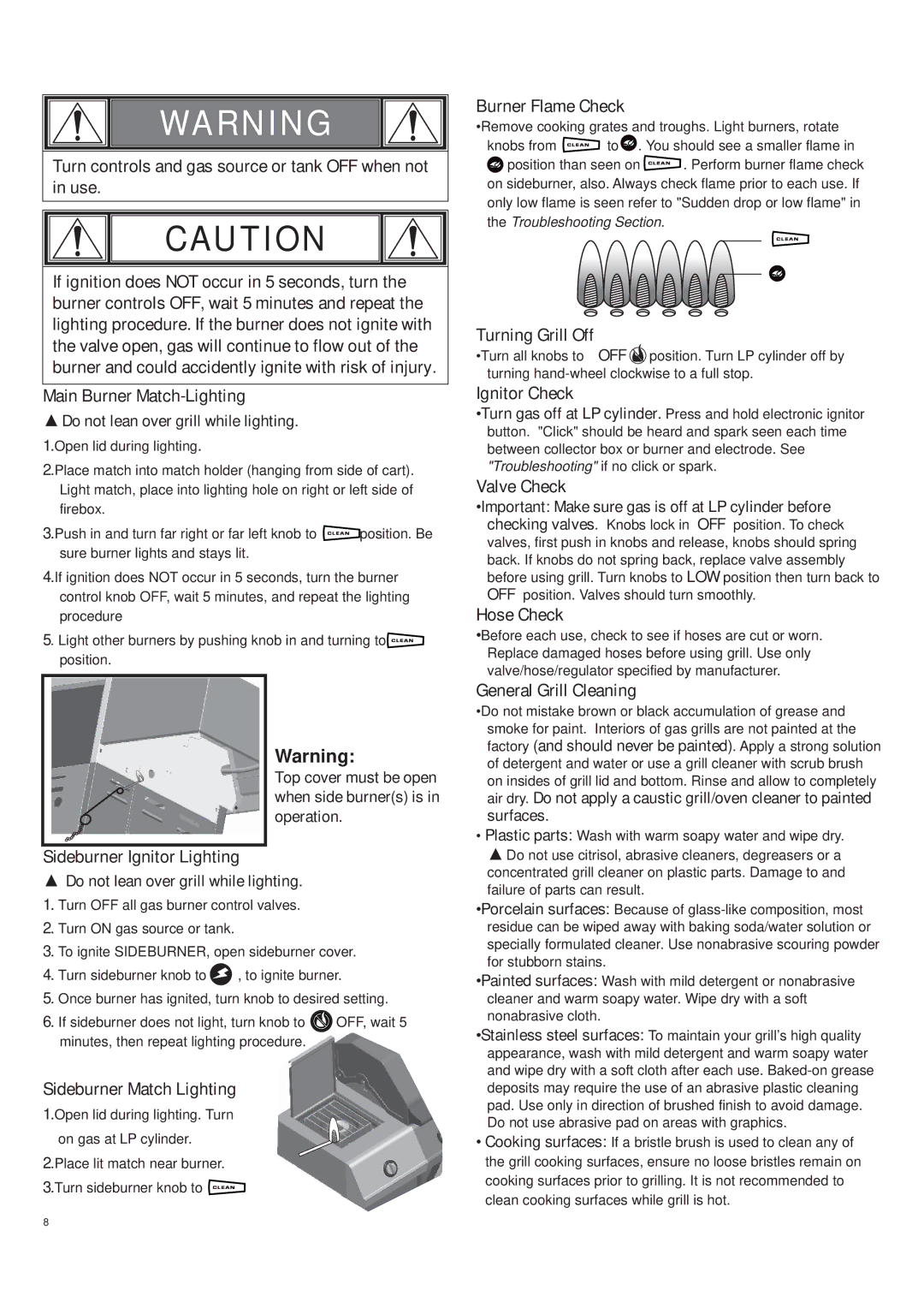 Char-Broil 463272509 manual Burner Flame Check, Turning Grill Off, Ignitor Check, Valve Check, Hose Check 