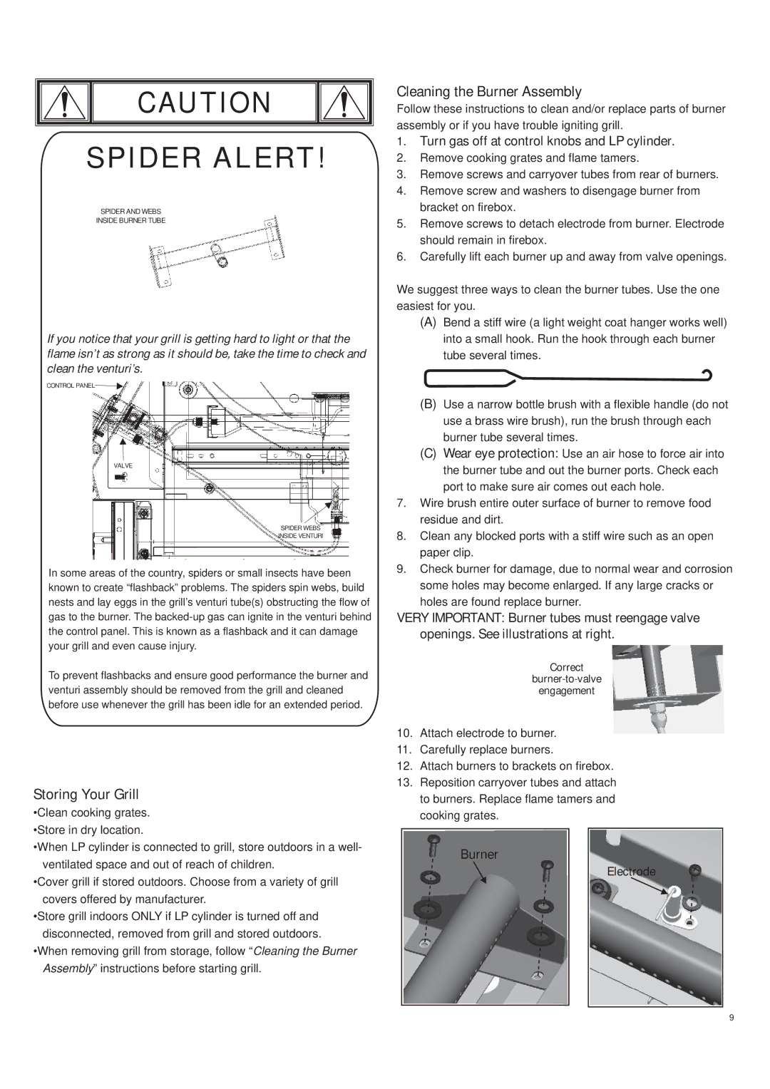 Char-Broil 463272509 manual Storing Your Grill, Cleaning the Burner Assembly, Turn gas off at control knobs and LP cylinder 