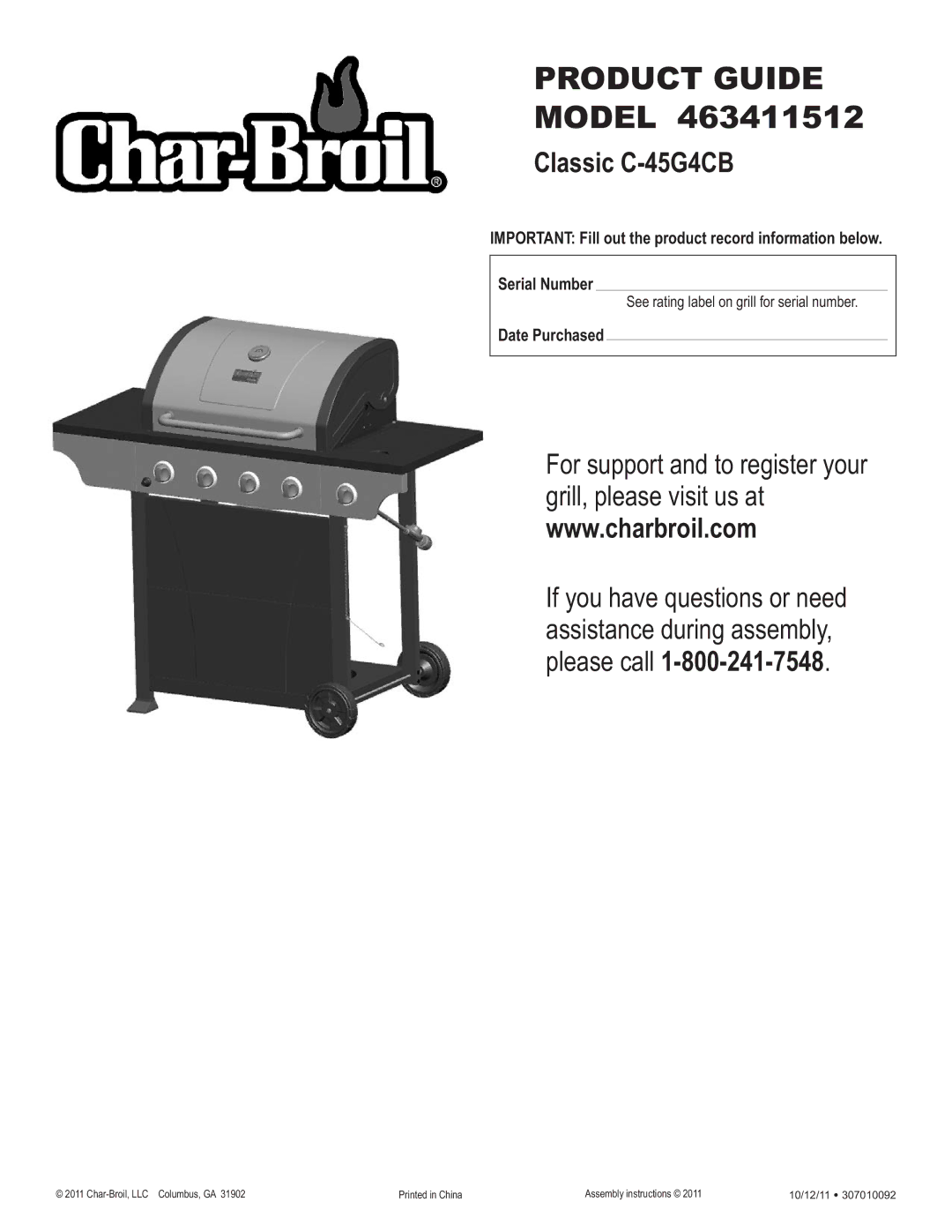 Char-Broil 463411512 manual Product Guide, Date Purchased 